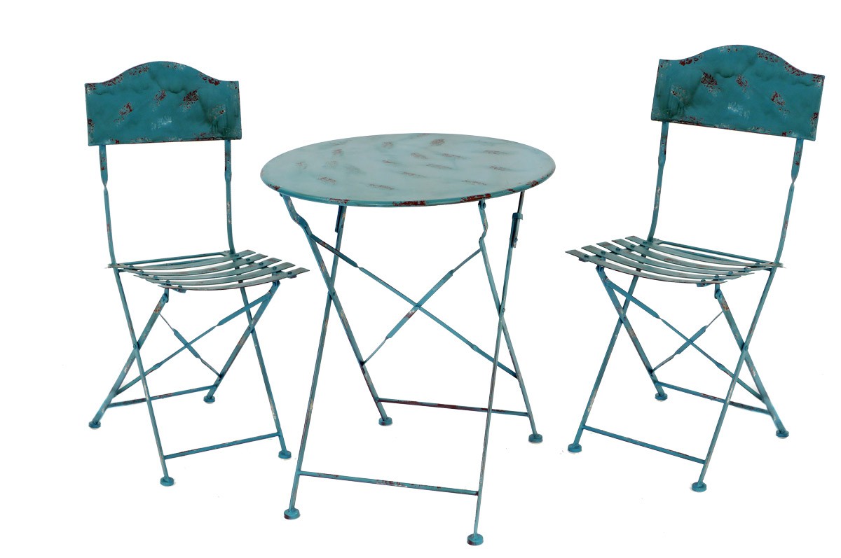 Landhaus Sitzgarnitur Metall 1 Tisch 2 Stühle Gartengarnitur Set blau