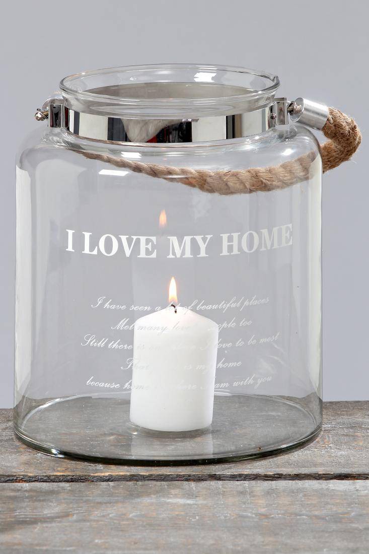 Glaswindlicht I Love my Home mit Seil Henkel Teelichthalter