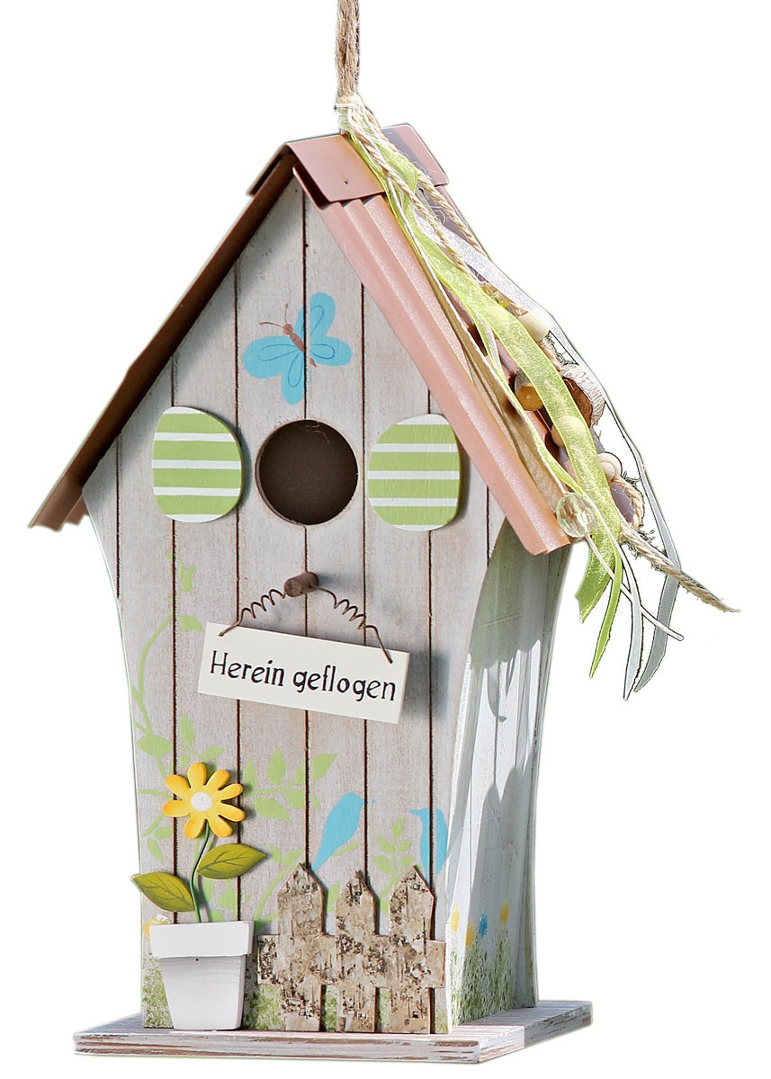 Vogelhaus aus Holz, Spruch "Herein geflogen" Deko Nistkasten