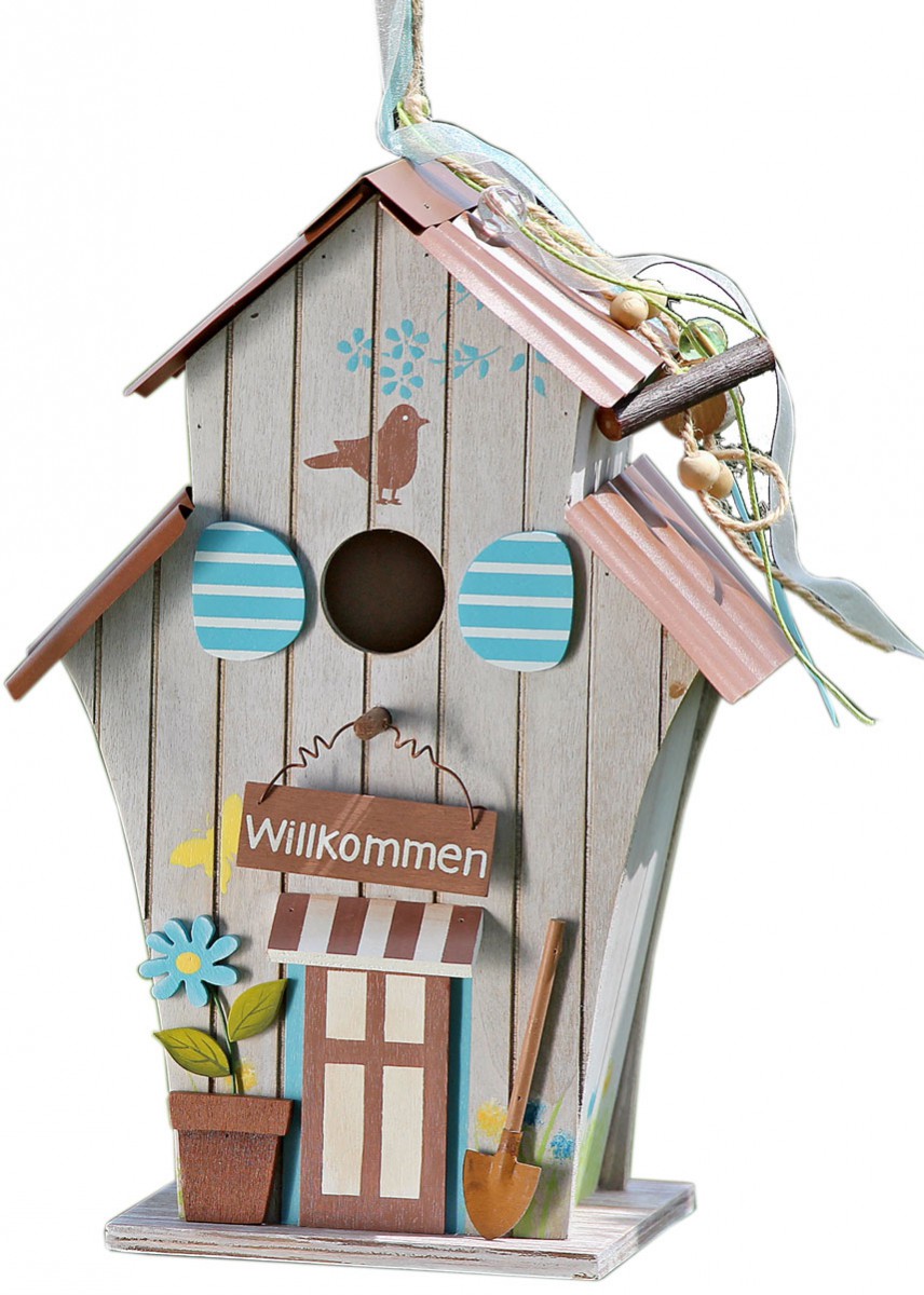 Vogelhaus aus Holz, Spruch "Willkommen" Deko Nistkasten