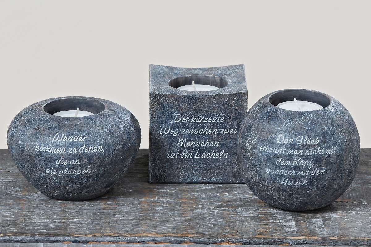 Teelichthalter mit Spruch Windlicht Stein Optik aus Kunstharz 3er Set