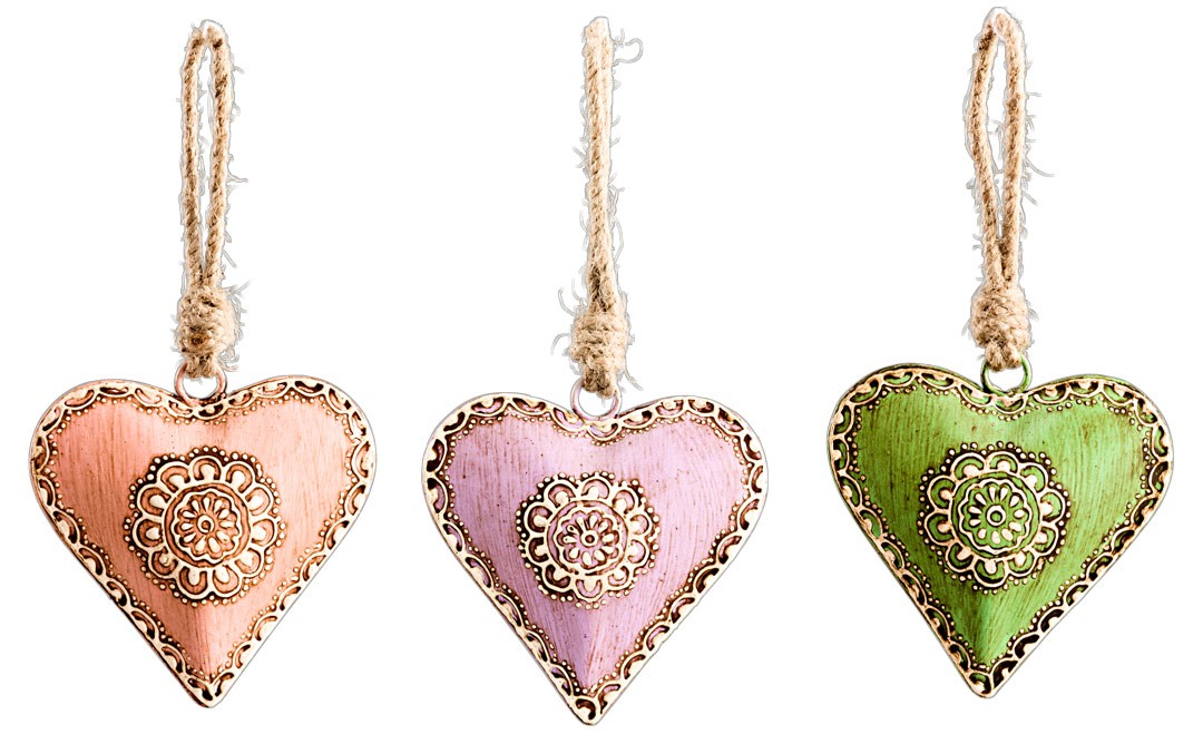 2557 Deko Haenger Metallherzen mit Blueten Ornament Shab